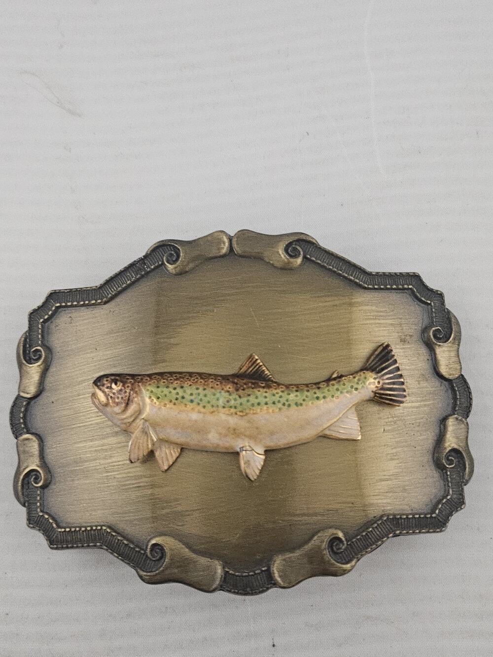 Vintage Rain Tree 3D RAINBOW TROUT Jumping Bronze Fishing Belt Buckle